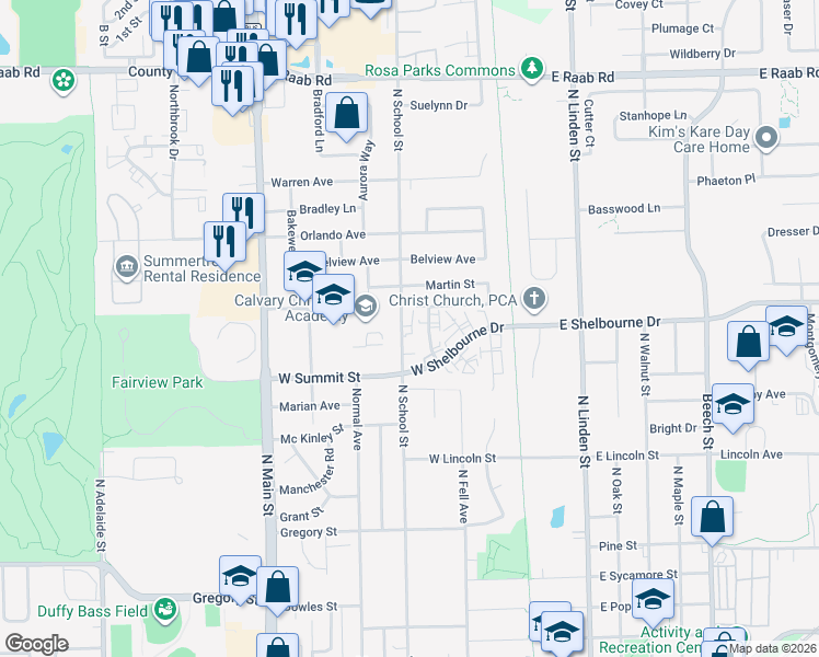 map of restaurants, bars, coffee shops, grocery stores, and more near 1010 North School Street in Normal