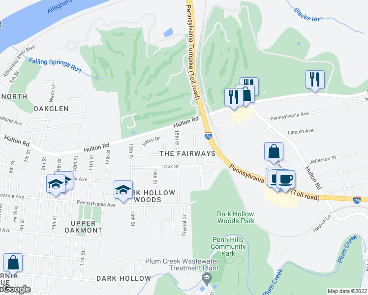map of restaurants, bars, coffee shops, grocery stores, and more near 844 15th Street in Oakmont