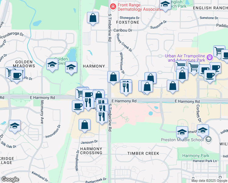 map of restaurants, bars, coffee shops, grocery stores, and more near 4520 South Timberline Road in Fort Collins