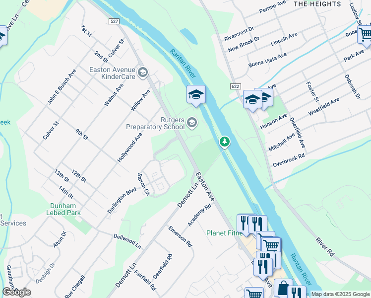 map of restaurants, bars, coffee shops, grocery stores, and more near County Road 527 in Franklin Township