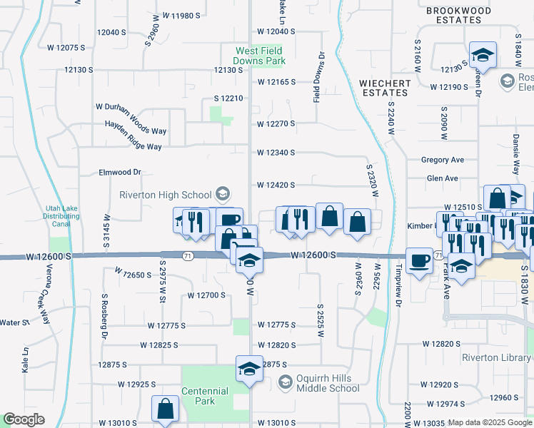map of restaurants, bars, coffee shops, grocery stores, and more near 2664 Hollister Road in Riverton