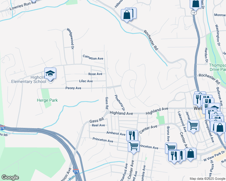 map of restaurants, bars, coffee shops, grocery stores, and more near 160 Pinehurst Drive in Pittsburgh