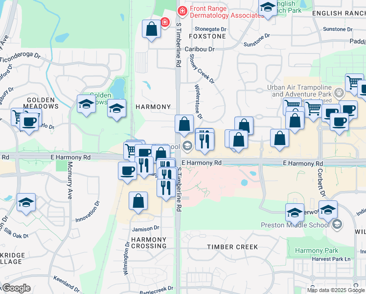 map of restaurants, bars, coffee shops, grocery stores, and more near 4520 South Timberline Road in Fort Collins