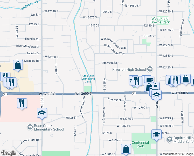 map of restaurants, bars, coffee shops, grocery stores, and more near 12495 South 3240 West in Riverton