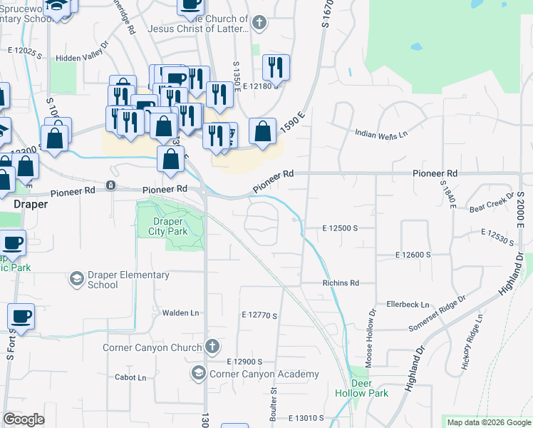 map of restaurants, bars, coffee shops, grocery stores, and more near 1453 East 12430 South in Draper