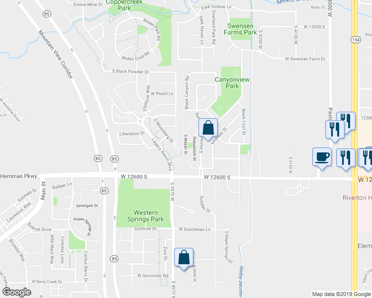 map of restaurants, bars, coffee shops, grocery stores, and more near 12508 Mayan Street in Riverton