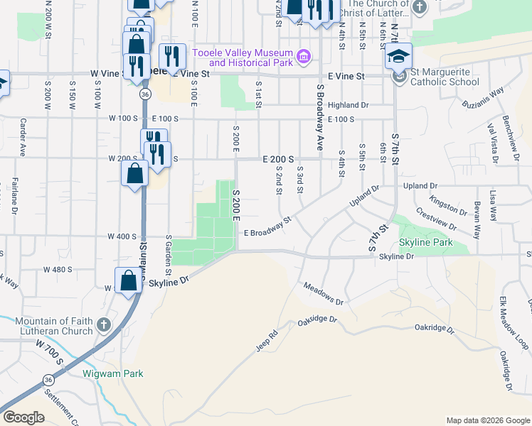 map of restaurants, bars, coffee shops, grocery stores, and more near 218 Stansbury Circle in Tooele