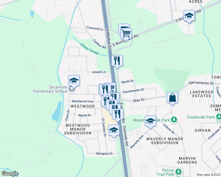 map of restaurants, bars, coffee shops, grocery stores, and more near 6246 Westside Road in Redding