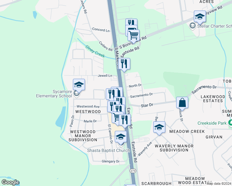 map of restaurants, bars, coffee shops, grocery stores, and more near 6246 Westside Road in Redding