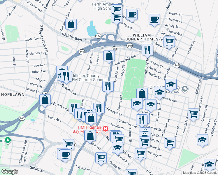 map of restaurants, bars, coffee shops, grocery stores, and more near 561 Harrington Street in Perth Amboy