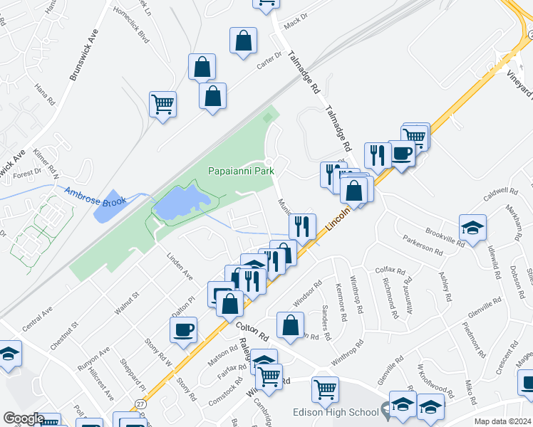 map of restaurants, bars, coffee shops, grocery stores, and more near 47 Langstaff Avenue in Edison