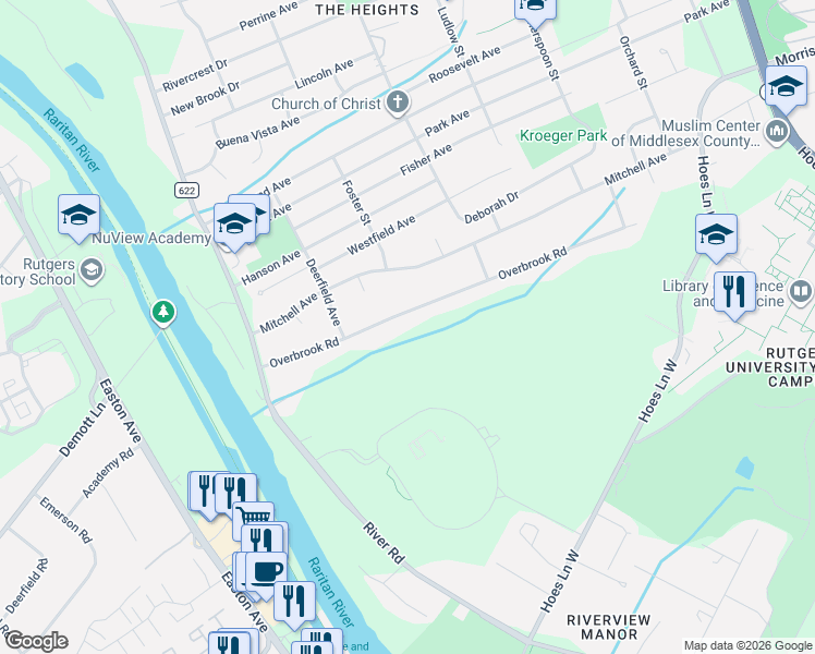 map of restaurants, bars, coffee shops, grocery stores, and more near 117 Overbrook Road in Piscataway