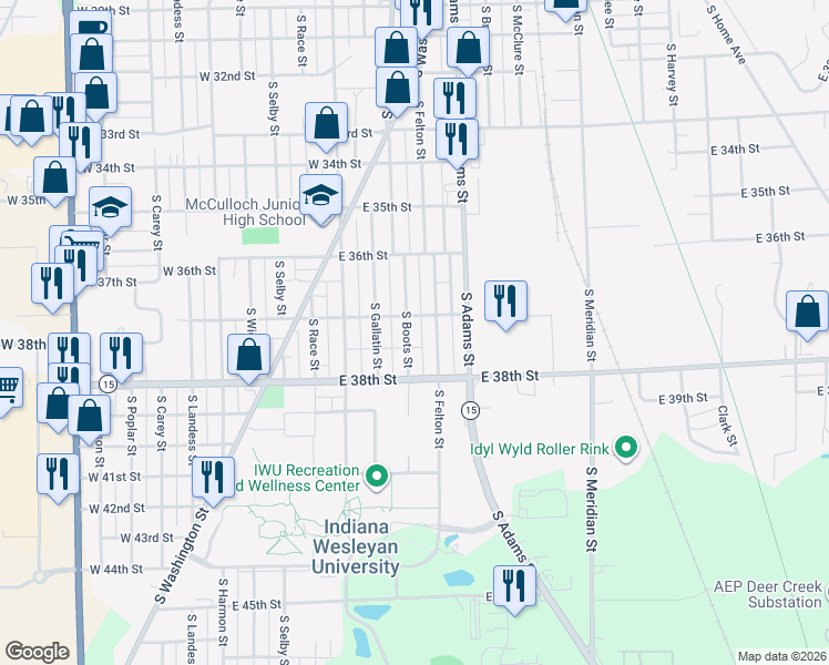 map of restaurants, bars, coffee shops, grocery stores, and more near 3721 South Boots Street in Marion