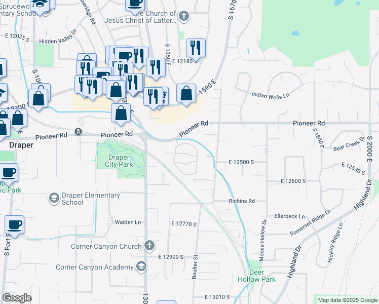 map of restaurants, bars, coffee shops, grocery stores, and more near 1453 East 12430 South in Draper