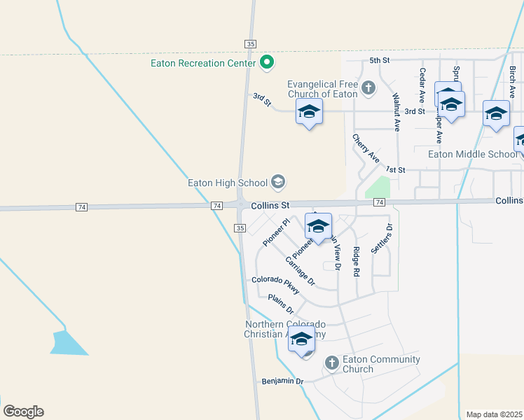 map of restaurants, bars, coffee shops, grocery stores, and more near 1726 Westward Way in Eaton