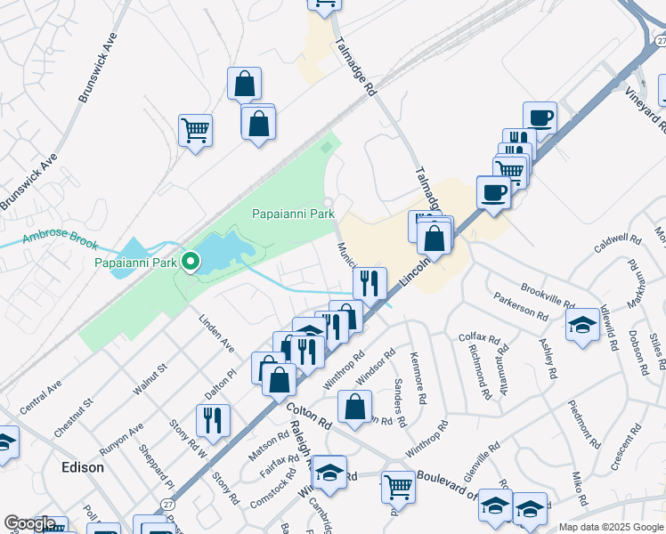 map of restaurants, bars, coffee shops, grocery stores, and more near 47 Langstaff Avenue in Edison