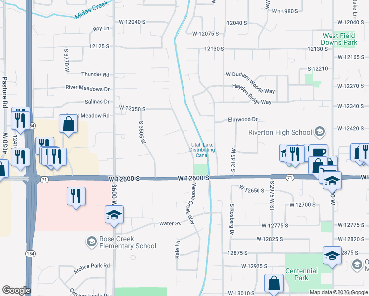 map of restaurants, bars, coffee shops, grocery stores, and more near 12500 South 3400 West in Riverton