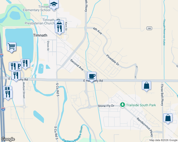 map of restaurants, bars, coffee shops, grocery stores, and more near 5384-5452 East Harmony Road in Timnath