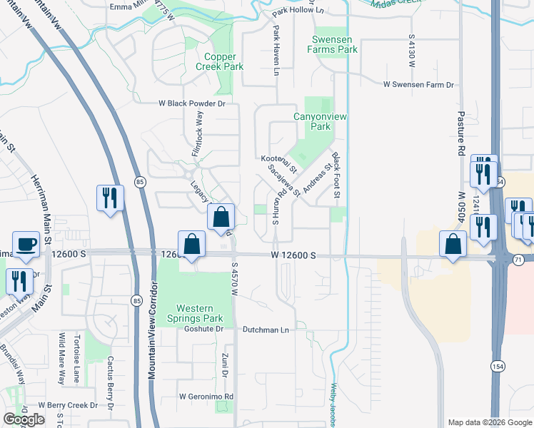 map of restaurants, bars, coffee shops, grocery stores, and more near West Anasazi Street in Riverton