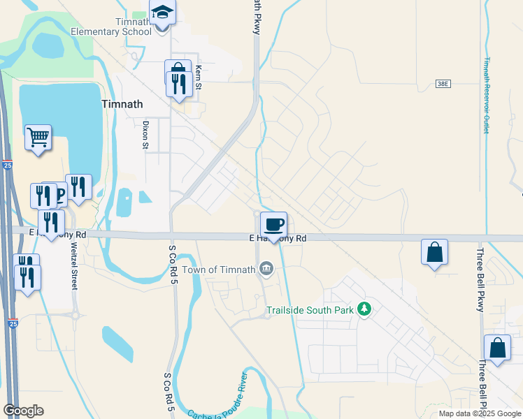 map of restaurants, bars, coffee shops, grocery stores, and more near 5384-5452 East Harmony Road in Timnath