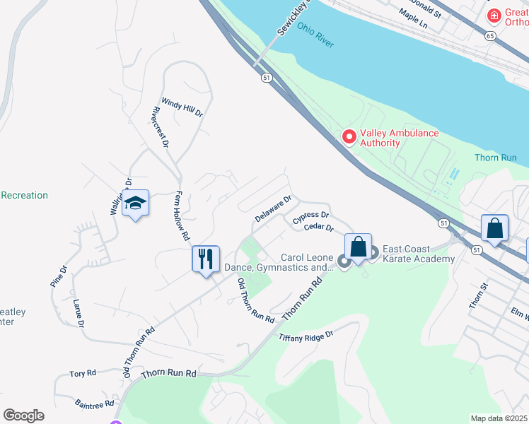 map of restaurants, bars, coffee shops, grocery stores, and more near 126 Delaware Drive in Carnot-Moon