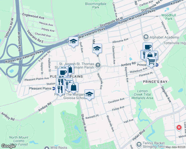 map of restaurants, bars, coffee shops, grocery stores, and more near 6138 Amboy Road in Staten Island