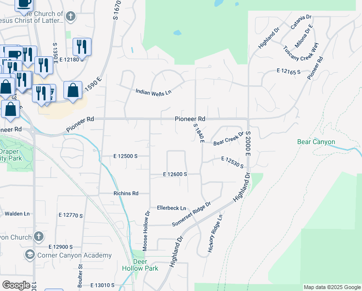 map of restaurants, bars, coffee shops, grocery stores, and more near 1807 Deer Canyon Ln in Draper