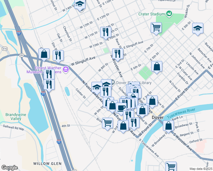 map of restaurants, bars, coffee shops, grocery stores, and more near 203 West 6th Street in Dover