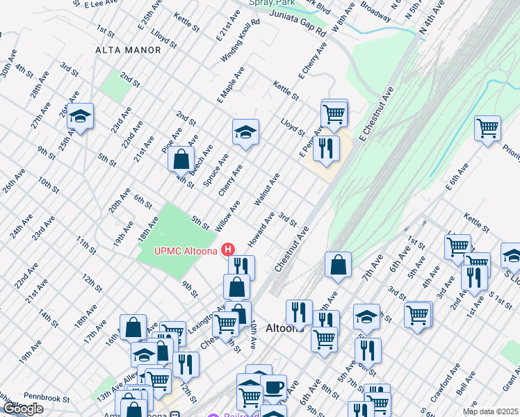 map of restaurants, bars, coffee shops, grocery stores, and more near 310 Howard Avenue in Altoona