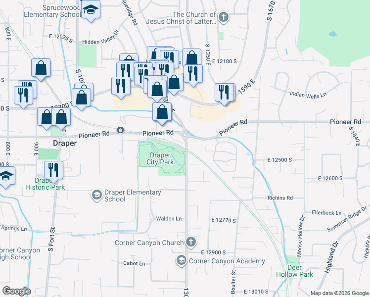 map of restaurants, bars, coffee shops, grocery stores, and more near 12525 South 1300 East in Draper