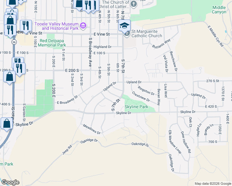 map of restaurants, bars, coffee shops, grocery stores, and more near 509 Sleepy Hollow Drive in Tooele