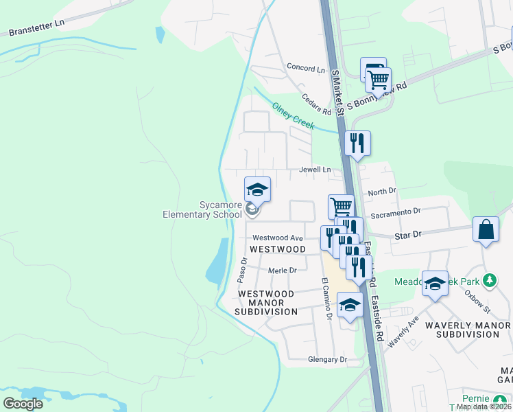 map of restaurants, bars, coffee shops, grocery stores, and more near 1926 Sycamore Drive in Redding