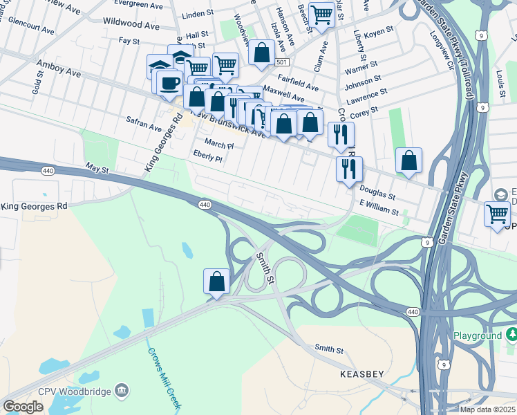 map of restaurants, bars, coffee shops, grocery stores, and more near 12 Sunnyview Oval in Woodbridge Township