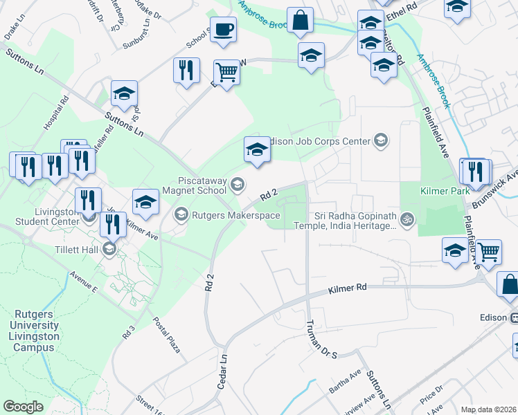 map of restaurants, bars, coffee shops, grocery stores, and more near 111 Truman Drive South in Edison