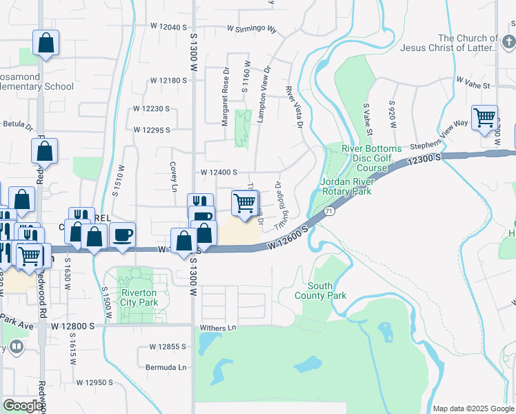 map of restaurants, bars, coffee shops, grocery stores, and more near 12566 South Tithing Hill Drive in Riverton