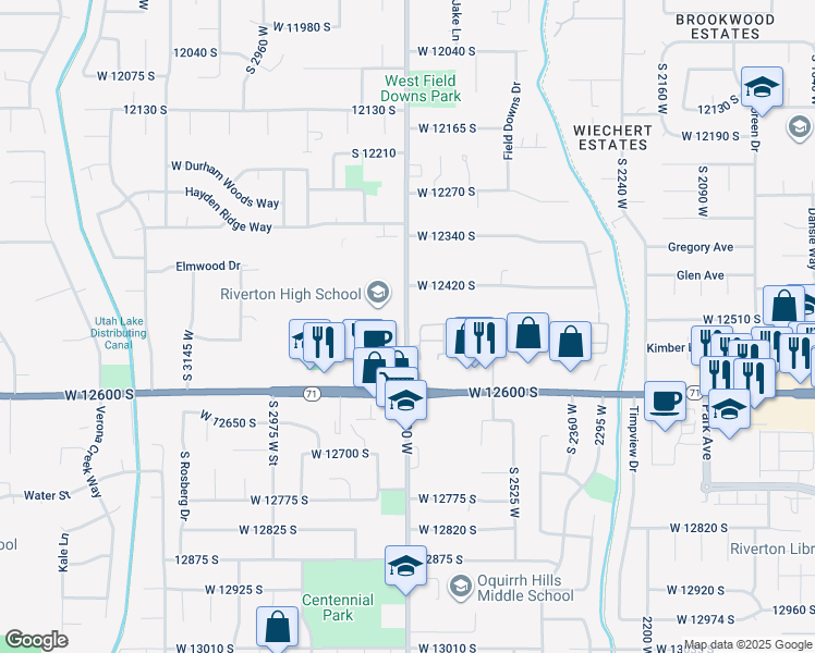 map of restaurants, bars, coffee shops, grocery stores, and more near 12476 South 2700 West in Riverton