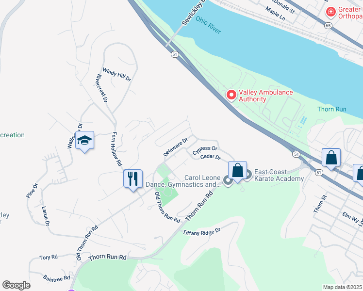 map of restaurants, bars, coffee shops, grocery stores, and more near 133 Delaware Drive in Coraopolis