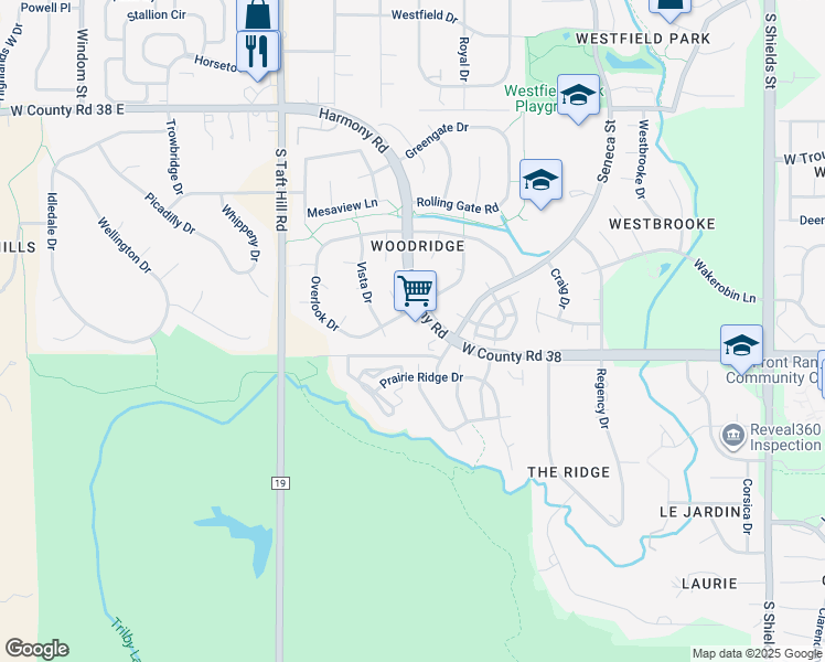 map of restaurants, bars, coffee shops, grocery stores, and more near 1715 West Harmony Road in Fort Collins