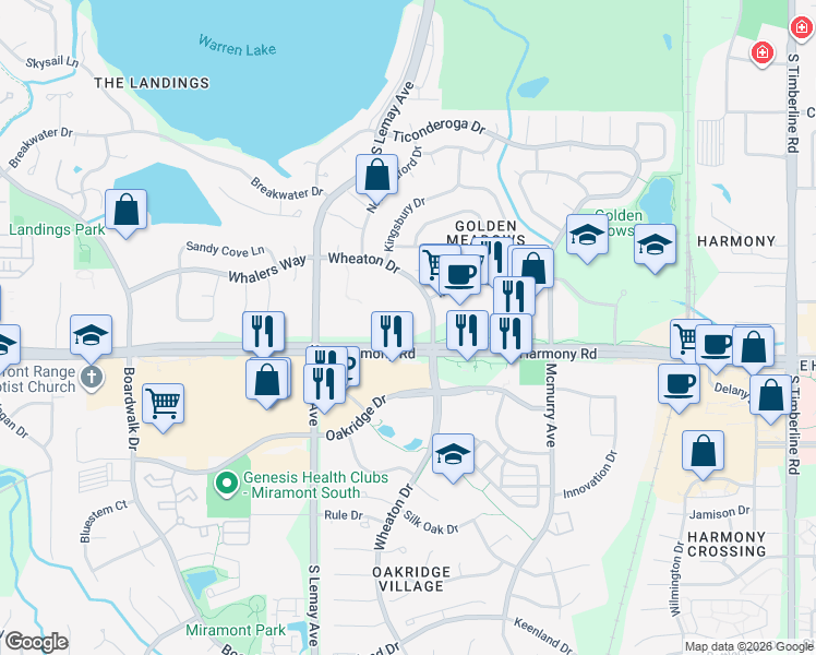 map of restaurants, bars, coffee shops, grocery stores, and more near 4545 Wheaton Drive in Fort Collins