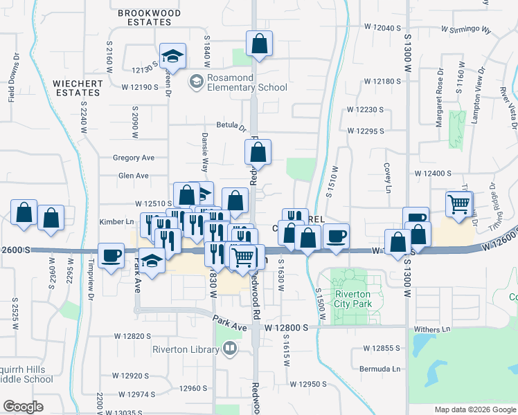 map of restaurants, bars, coffee shops, grocery stores, and more near 12487 South Redwood Road in Riverton