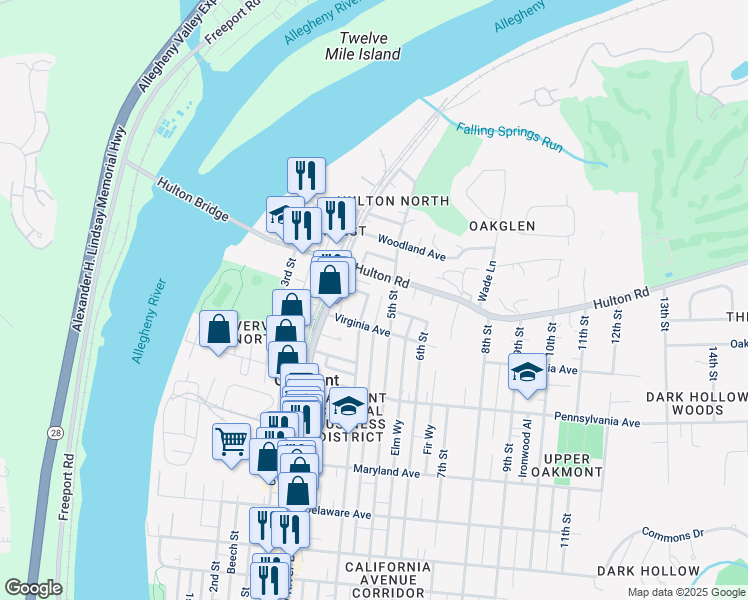 map of restaurants, bars, coffee shops, grocery stores, and more near 830 4th Street in Oakmont