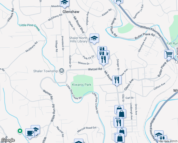 map of restaurants, bars, coffee shops, grocery stores, and more near 115 Wetzel Road in Glenshaw