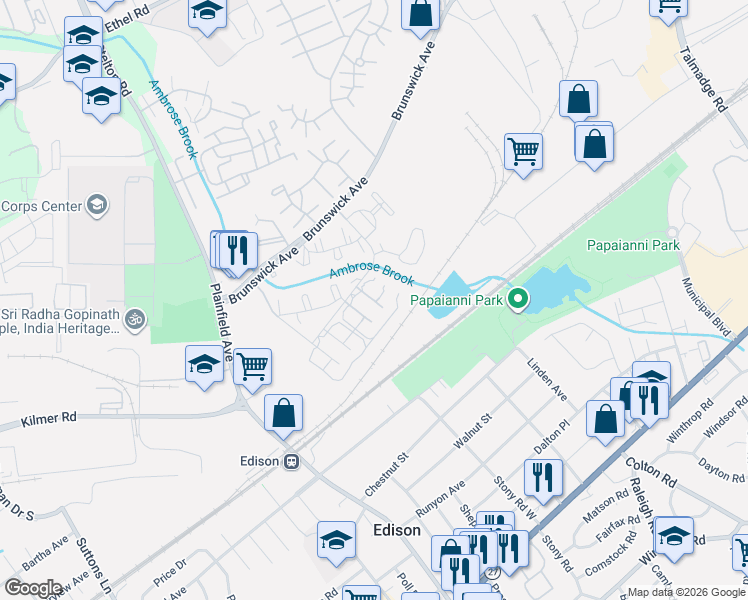 map of restaurants, bars, coffee shops, grocery stores, and more near Raspberry Court in Edison