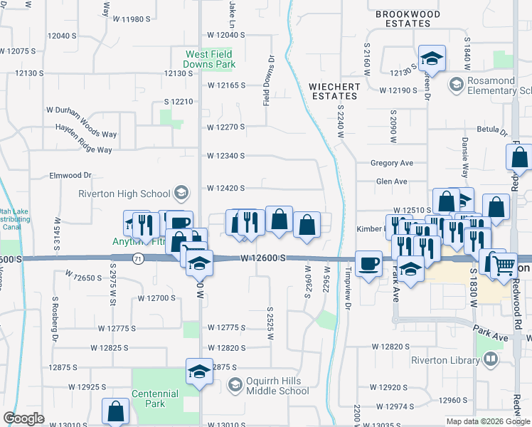 map of restaurants, bars, coffee shops, grocery stores, and more near 2534 Adelaide Drive in Riverton