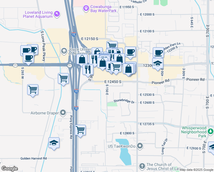 map of restaurants, bars, coffee shops, grocery stores, and more near South 150 East in Draper