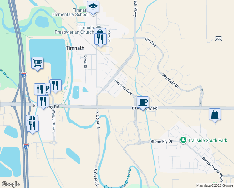 map of restaurants, bars, coffee shops, grocery stores, and more near 4504 Barrow Lane in Timnath