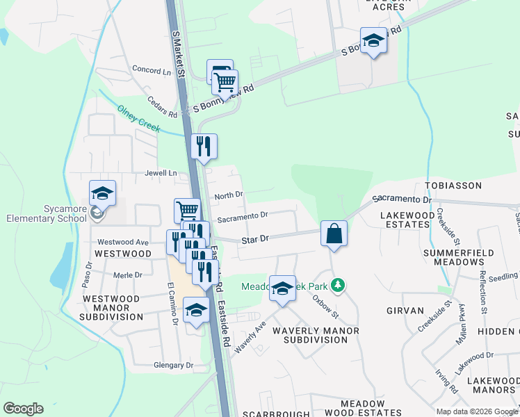 map of restaurants, bars, coffee shops, grocery stores, and more near 2451 Sacramento Drive in Redding