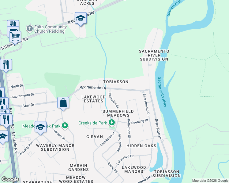 map of restaurants, bars, coffee shops, grocery stores, and more near 6412 Creekside St in Redding