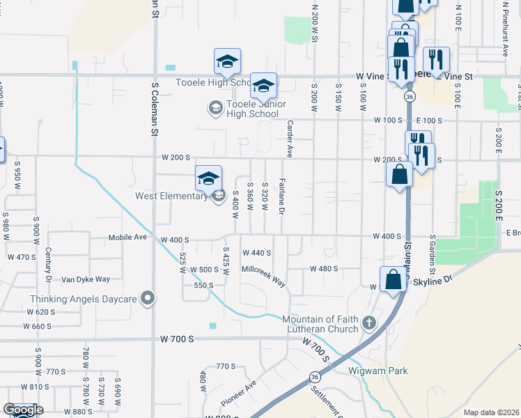 map of restaurants, bars, coffee shops, grocery stores, and more near 340 South 320 West in Tooele