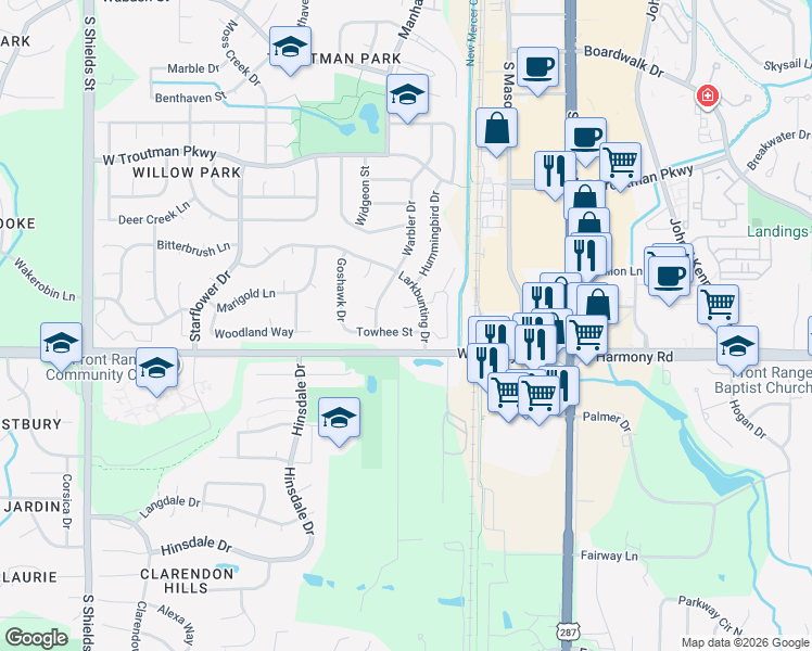 map of restaurants, bars, coffee shops, grocery stores, and more near 425 Towhee Street in Fort Collins